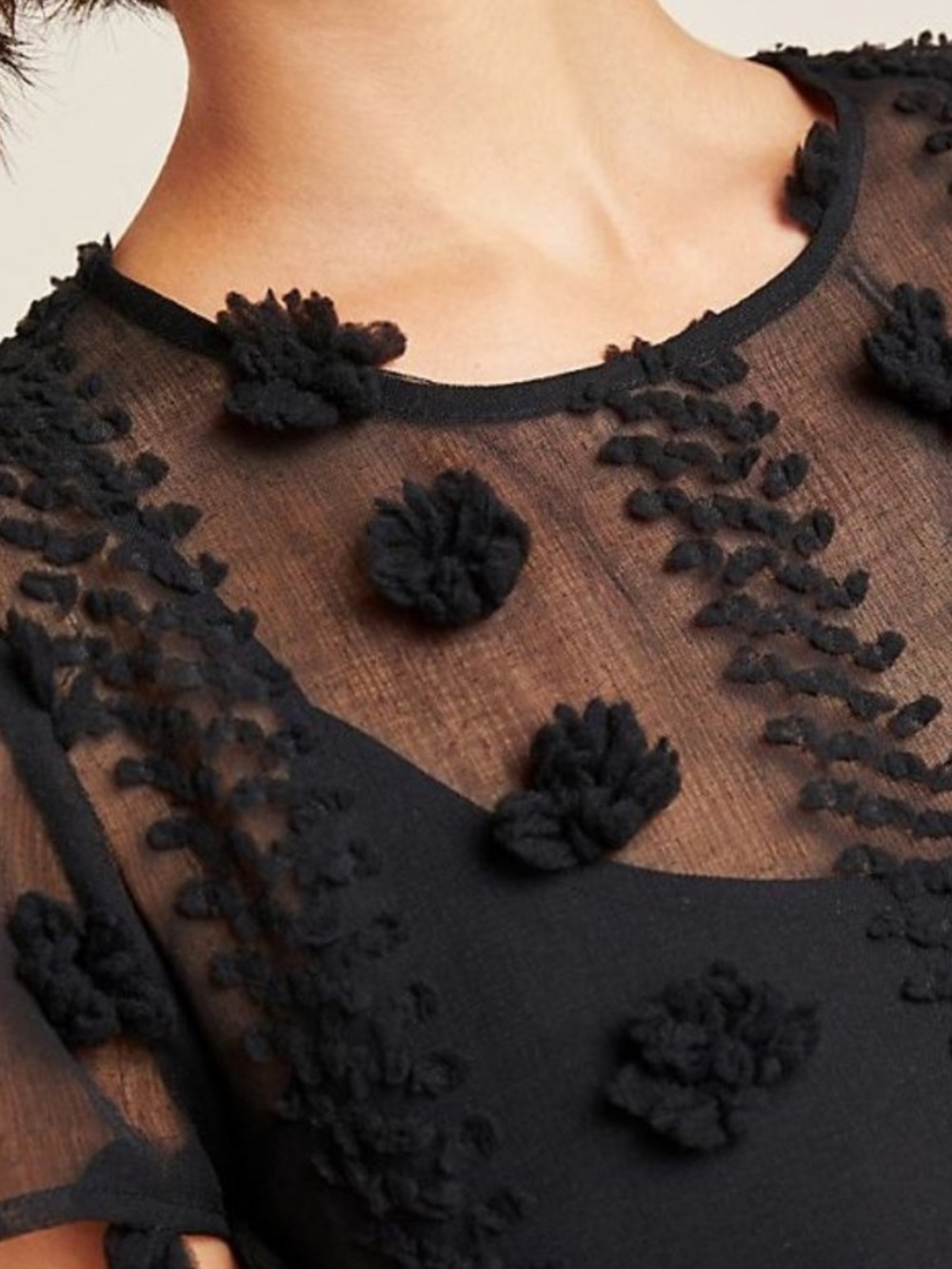 Anthropologie Black Appliqué Mesh Fit-and-Flare Mini Dress - Picture 2 of 5